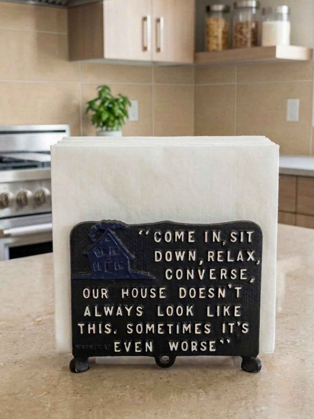 VINTAGE Black Metal Mid Century Napkin Holder With Whimsical Saying